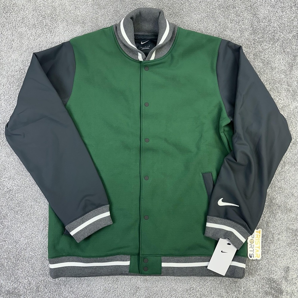 Nike Varsity Jacket Mens Large Green Gray Snap Bomber Faux Leather Sleeves